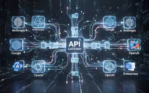 Abstract digital image showing data flowing between different AI model icons and enterprise applications through a central gateway, symbolizing API management. - Foto: über boerse-global.de