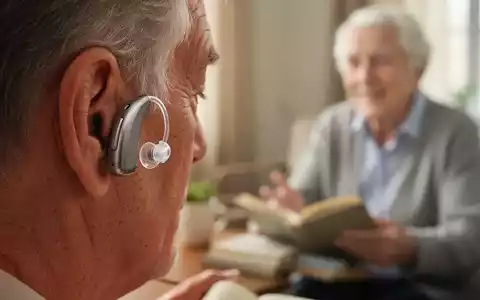 Ein modernes Hörgerät, das diskret hinter dem Ohr eines älteren Erwachsenen sitzt, im Hintergrund unscharf eine Aktivität. - Foto: über boerse-global.de
