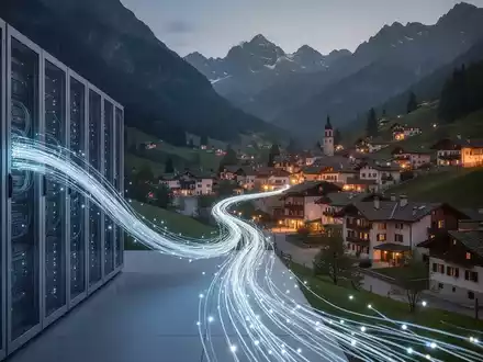 Glasfaserkabel verbindet ein modernes Rechenzentrum mit einem malerischen Bergdorf, symbolisiert Konnektivität und Fortschritt. - Foto: über boerse-global.de