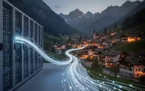 Glasfaserkabel verbindet ein modernes Rechenzentrum mit einem malerischen Bergdorf, symbolisiert Konnektivität und Fortschritt. - Foto: über boerse-global.de