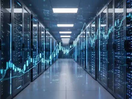 Ein modernes Rechenzentrum mit leuchtenden Servern und einer digitalen Darstellung von Börsendaten. - Foto: über boerse-global.de