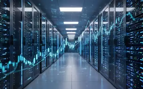 Ein modernes Rechenzentrum mit leuchtenden Servern und einer digitalen Darstellung von Börsendaten. - Foto: über boerse-global.de