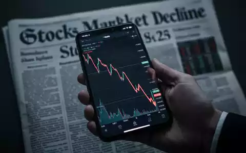 Eine Hand hält ein Smartphone, das einen stark fallenden Aktienkurs anzeigt, mit verschwommenen Finanznachrichten im Hintergrund. - Foto: über boerse-global.de