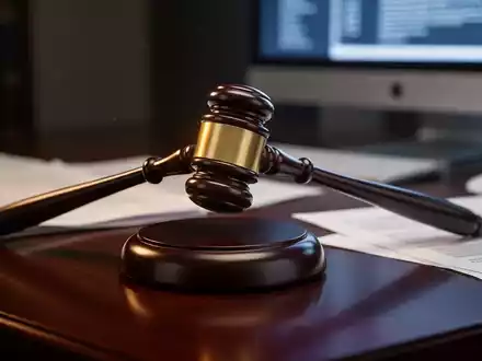 Ein stilisierter Holzhammer trifft auf einen Klangblock, im Hintergrund unscharfe juristische Dokumente und ein Computerbildschirm. - Foto: über boerse-global.de