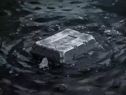 Ein verwitterter Zinnbarren, teilweise in dunklem, turbulentem Wasser versunken, symbolisiert den Kursrückgang von First Tin. - Foto: über boerse-global.de