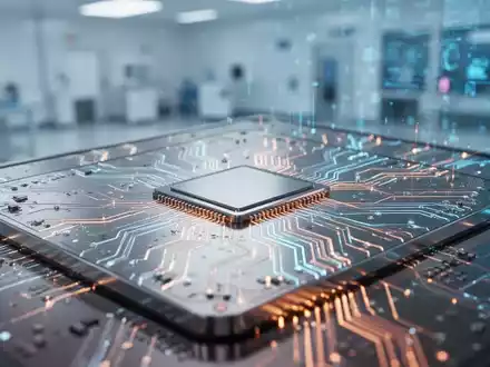 Nahaufnahme eines futuristischen Siliziumwafers mit leuchtenden Schaltkreisen und digitalen Datenflüssen, der fortschrittliche Technologie darstellt. - Foto: über boerse-global.de