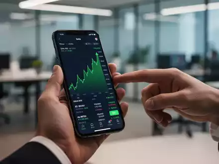 Eine Hand hält ein Smartphone mit einer Börsen-App, die grüne Aufwärtstrends zeigt, während eine andere Hand 'Kaufen' antippt. - Foto: über boerse-global.de