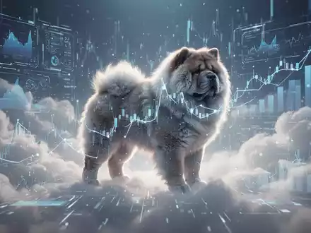 Ein stilisiertes Chow-Chow-Hundesymbol vor einem Hintergrund aus futuristischen, wolkenähnlichen Finanzdatenvisualisierungen. - Foto: über boerse-global.de