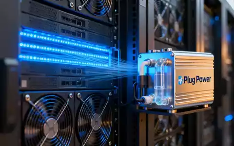 Nahaufnahme eines Server-Racks mit blauen Lichtern neben einem stilisierten Wasserstoff-Brennstoffzellenmodell. - Foto: über boerse-global.de
