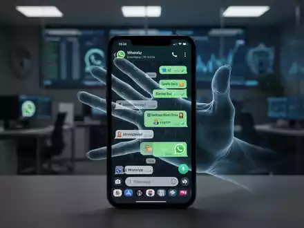 Ein Smartphone mit WhatsApp-Nachrichten, aus dem eine geisterhafte Hand greift, im Hintergrund ein unscharfes Büro. Symbolisiert Cyber-Betrug. - Foto: über boerse-global.de