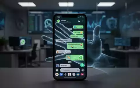 Ein Smartphone mit WhatsApp-Nachrichten, aus dem eine geisterhafte Hand greift, im Hintergrund ein unscharfes Büro. Symbolisiert Cyber-Betrug. - Foto: über boerse-global.de