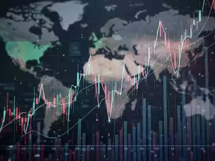 Abstrakte Darstellung fallender Finanzgraphen und digitaler Linien vor einem diffusen Hintergrund geopolitischer Spannungen, die Tech-Märkte symbolisieren. - Foto: über boerse-global.de