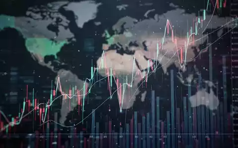 Abstrakte Darstellung fallender Finanzgraphen und digitaler Linien vor einem diffusen Hintergrund geopolitischer Spannungen, die Tech-Märkte symbolisieren. - Foto: über boerse-global.de