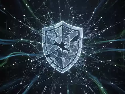 Digital network data lines converging on a broken shield icon, representing cybersecurity vulnerabilities and exploits. - Foto: über boerse-global.de