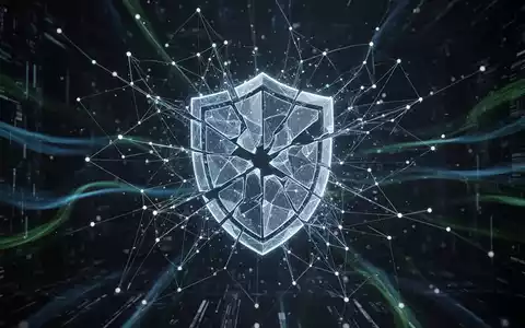 Digital network data lines converging on a broken shield icon, representing cybersecurity vulnerabilities and exploits. - Foto: über boerse-global.de