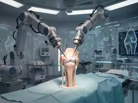 Ein roboterassistierter Arm über einem Kniegelenkmodell in einem modernen Operationssaal, der Präzision und Technologie in der Chirurgie symbolisiert. - Foto: über boerse-global.de