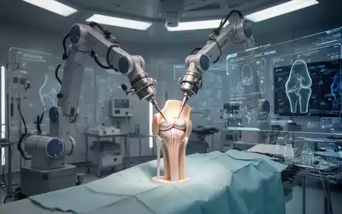Ein roboterassistierter Arm über einem Kniegelenkmodell in einem modernen Operationssaal, der Präzision und Technologie in der Chirurgie symbolisiert. - Foto: über boerse-global.de