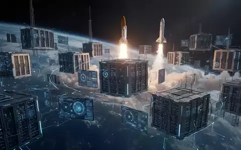 KI-Datenzentren im Orbit über der Erde mit einer startenden SpaceX-Rakete im Hintergrund. - Foto: über boerse-global.de