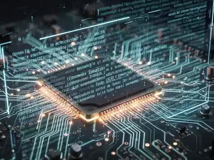 Eine Nahaufnahme einer leuchtenden Leiterplatte mit einer holografischen Überlagerung von Gesetzestexten und digitalem Code, die Produkthaftung und KI-Regulierung darstellt. - Foto: über boerse-global.de