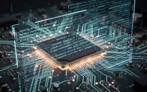 Eine Nahaufnahme einer leuchtenden Leiterplatte mit einer holografischen Überlagerung von Gesetzestexten und digitalem Code, die Produkthaftung und KI-Regulierung darstellt. - Foto: über boerse-global.de