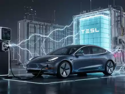 Ein modernes Elektrofahrzeug lädt an einer futuristischen Station, verbunden mit einer großen Energiespeichereinheit im Hintergrund. - Foto: über boerse-global.de
