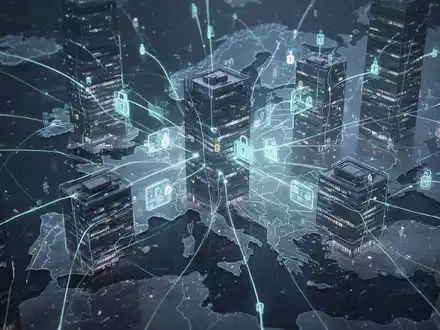Ein Netzwerk aus leuchtenden digitalen Linien, das abstrakte Unternehmensgebäude verbindet und sichere B2B-Konnektivität darstellt. - Foto: über boerse-global.de