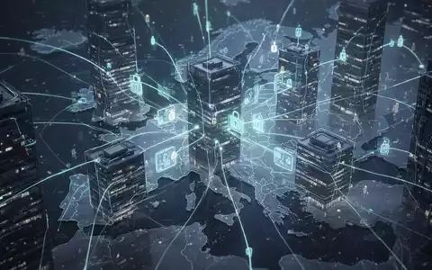 Ein Netzwerk aus leuchtenden digitalen Linien, das abstrakte Unternehmensgebäude verbindet und sichere B2B-Konnektivität darstellt. - Foto: über boerse-global.de
