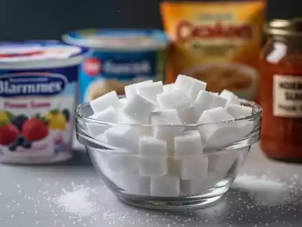Eine Glasschale mit weißen Zuckerwürfeln, umgeben von unscharfen verarbeiteten Lebensmitteln wie Fruchtjoghurt und Saucen. - Foto: über boerse-global.de