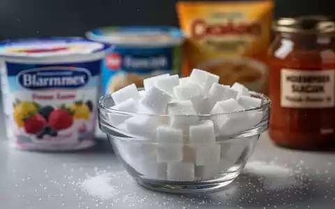 Eine Glasschale mit weißen Zuckerwürfeln, umgeben von unscharfen verarbeiteten Lebensmitteln wie Fruchtjoghurt und Saucen. - Foto: über boerse-global.de