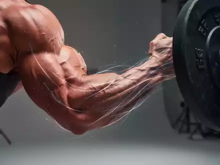 Ein muskulöser Arm hebt eine Hantel, mit subtilen leuchtenden Linien, die vom Bizeps ausgehen und Myokine symbolisieren. - Foto: über boerse-global.de