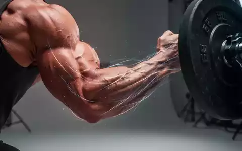 Ein muskulöser Arm hebt eine Hantel, mit subtilen leuchtenden Linien, die vom Bizeps ausgehen und Myokine symbolisieren. - Foto: über boerse-global.de