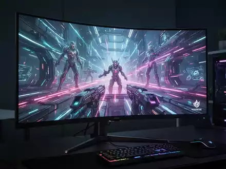 A close-up of a sleek, modern ultrawide curved gaming monitor displaying vibrant game graphics in a dimly lit room. - Foto: über boerse-global.de