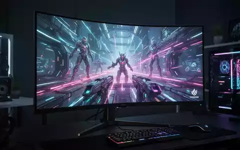 A close-up of a sleek, modern ultrawide curved gaming monitor displaying vibrant game graphics in a dimly lit room. - Foto: über boerse-global.de