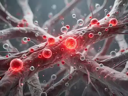 Nahaufnahme von Herzmuskelzellen mit leuchtend roten Entzündungsmarkern und winzigen therapeutischen Molekülen, die sie angreifen. - Foto: über boerse-global.de