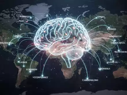 Eine futuristische Darstellung eines Gehirns aus Licht und Datenströmen, das über eine Europakarte gelegt ist, symbolisiert KI-gestützte Compliance. - Foto: über boerse-global.de