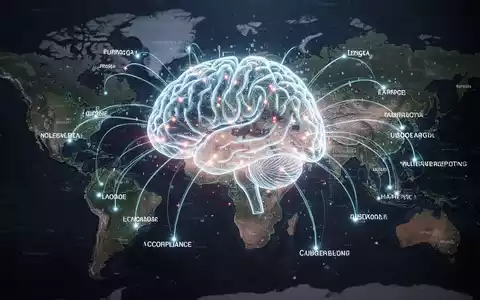 Eine futuristische Darstellung eines Gehirns aus Licht und Datenströmen, das über eine Europakarte gelegt ist, symbolisiert KI-gestützte Compliance. - Foto: über boerse-global.de