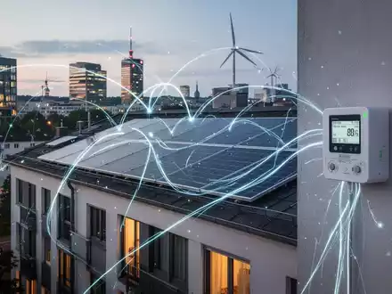 Dächer mit Solarpaneelen in einer deutschen Stadt, verbunden durch leuchtende Linien, die den Energiefluss und intelligente Zähler darstellen. - Foto: über boerse-global.de
