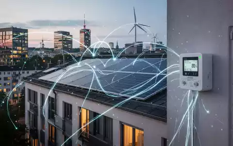 Dächer mit Solarpaneelen in einer deutschen Stadt, verbunden durch leuchtende Linien, die den Energiefluss und intelligente Zähler darstellen. - Foto: über boerse-global.de