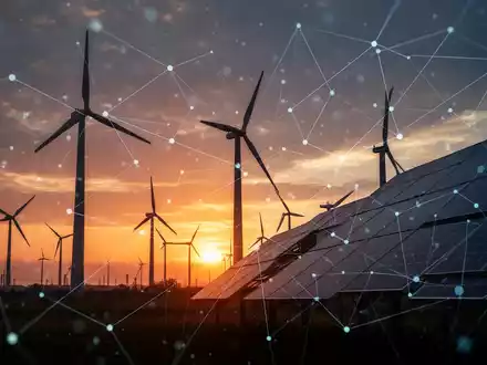 Windturbinen und Solaranlagen bei Sonnenuntergang, überlagert von abstrakten digitalen Netzlinien, die Energiepolitik symbolisieren. - Foto: über boerse-global.de
