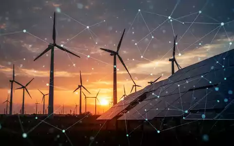 Windturbinen und Solaranlagen bei Sonnenuntergang, überlagert von abstrakten digitalen Netzlinien, die Energiepolitik symbolisieren. - Foto: über boerse-global.de