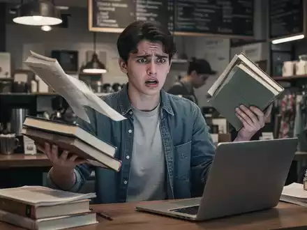 Eine junge Person, die sichtlich gestresst ist und zwischen Lehrbüchern, Laptop und einer Arbeitsumgebung jongliert. - Foto: über boerse-global.de