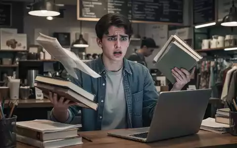 Eine junge Person, die sichtlich gestresst ist und zwischen Lehrbüchern, Laptop und einer Arbeitsumgebung jongliert. - Foto: über boerse-global.de
