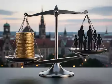 Eine Waage mit Münzen auf der einen und einer Familiensilhouette auf der anderen Seite, symbolisiert die Erbschaftsteuerdebatte. - Foto: über boerse-global.de