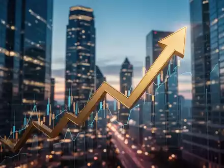 Ein stilisierter, nach oben zeigender Börsenpfeil vor einem unscharfen Hintergrund eines modernen Finanzviertels in der Dämmerung. - Foto: über boerse-global.de