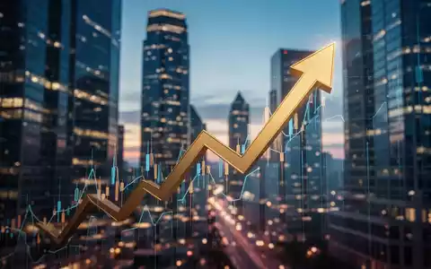 Ein stilisierter, nach oben zeigender Börsenpfeil vor einem unscharfen Hintergrund eines modernen Finanzviertels in der Dämmerung. - Foto: über boerse-global.de