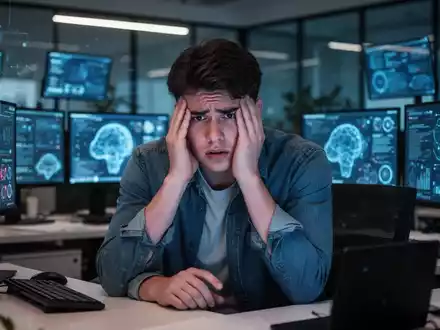 Eine junge Person der Generation Z wirkt gestresst an einem Schreibtisch in einem modernen Büro, umgeben von Bildschirmen. - Foto: über boerse-global.de