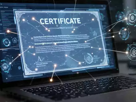 Digital certificate displayed on a screen, with abstract lines and data points suggesting automation and AI-driven document generation. - Foto: über boerse-global.de