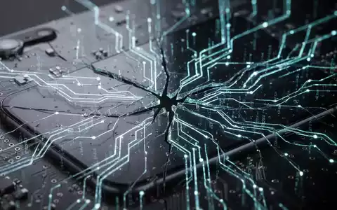 Abstrakte Darstellung einer digitalen Bedrohung: gebrochene Datenlinien über einer Leiterplatte, die ein Smartphone-Inneres andeutet. - Foto: über boerse-global.de