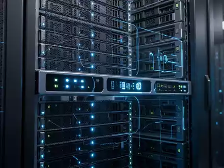 A modern server rack with glowing blue lights in a data center, representing AI infrastructure and cost-effective technology. - Foto: über boerse-global.de