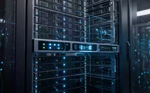 A modern server rack with glowing blue lights in a data center, representing AI infrastructure and cost-effective technology. - Foto: über boerse-global.de